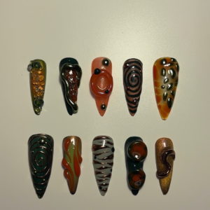 Press on sur mesure nail art orange vert 3d, blooming et chrome