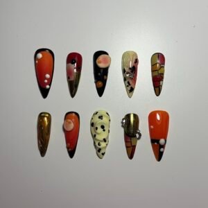 Press on sur mesure, nailart noir, rose, jaune, orange, vernis vitrail, 3d matte, billes, et chrome doré